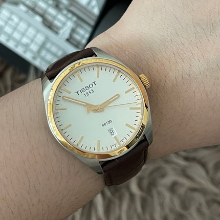 Preloved Authentic Tissot  T-Classic PR 100 White Dial Brown Leather Strap Watch for Men