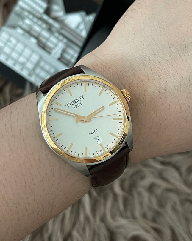 Preloved Authentic Tissot  T-Classic PR 100 White Dial Brown Leather Strap Watch for Men
