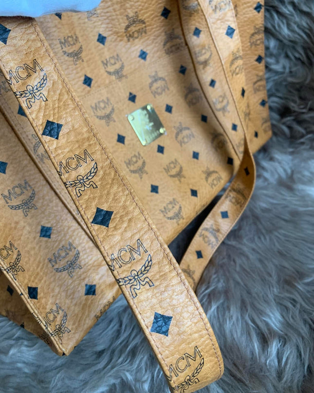 MCM Cognac Visetos Coated Canvas Medium Heritage Top Zip Shopper Tote