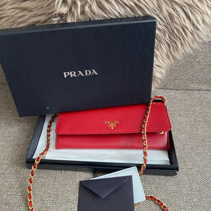 Preloved Authentic Prada Saffiano Metal Wallet on Chain in Fuoco Red