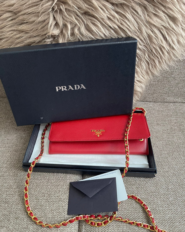 Preloved Authentic Prada Saffiano Metal Wallet on Chain in Fuoco Red