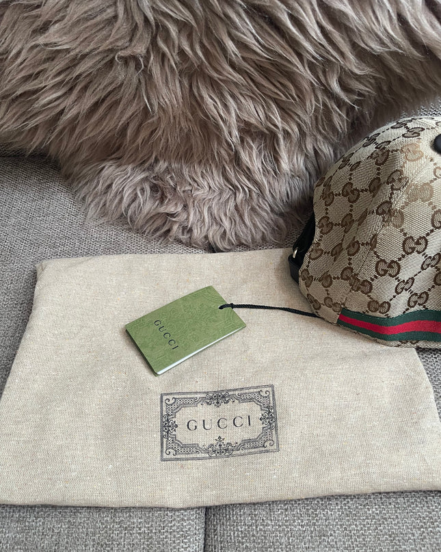 Preloved Authentic Gucci GG Canvas Baseball Cap with Web Stripe — Beige/Brown Monogram