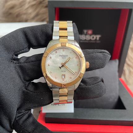 Preloved Authentic Tissot PR 100 Ladies Watch - Two-Tone, Pearlescent Dial and Diamond Markers