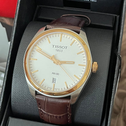Preloved Authentic Tissot  T-Classic PR 100 White Dial Brown Leather Strap Watch for Men