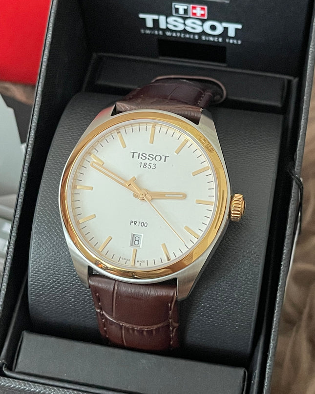 Preloved Authentic Tissot  T-Classic PR 100 White Dial Brown Leather Strap Watch for Men
