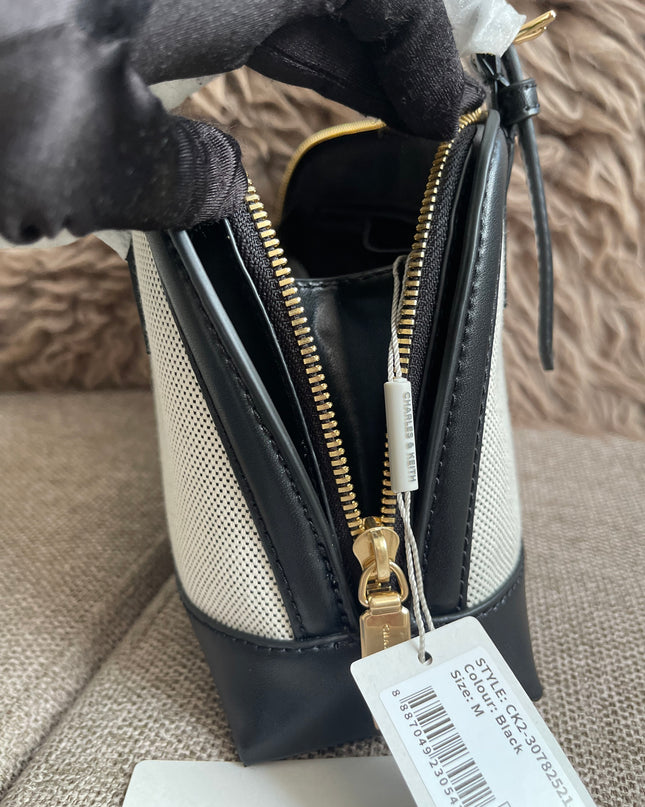 Preloved Authentic Charles & Keith Structured Boston Bag in Black White Mesh
