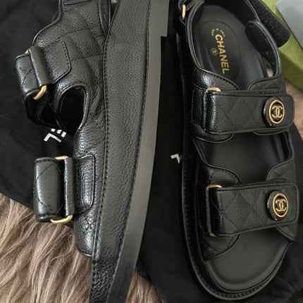 Preorder Preloved Authentic Chanel Black Quilted Leather CC Dad Flat Sandals Sz37
