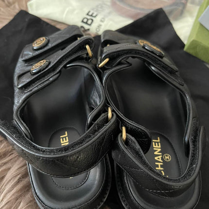 Preorder Preloved Authentic Chanel Black Quilted Leather CC Dad Flat Sandals Sz37