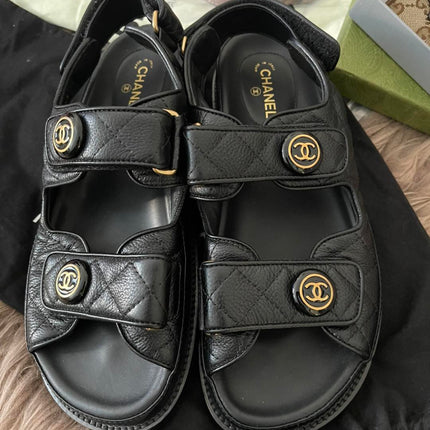 Preorder Preloved Authentic Chanel Black Quilted Leather CC Dad Flat Sandals Sz37