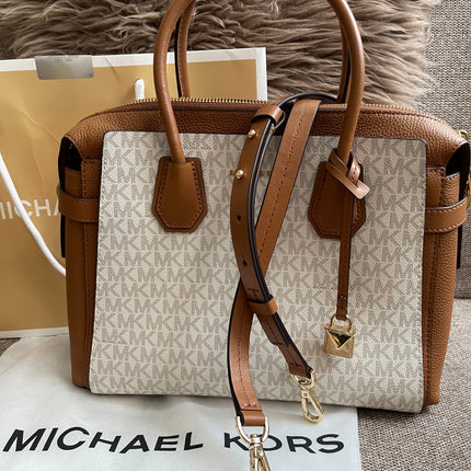 Preloved Authentic Michael Kors Mercer Tote Satchel – Vanilla Monogram Canvas with Brown Leather Trim