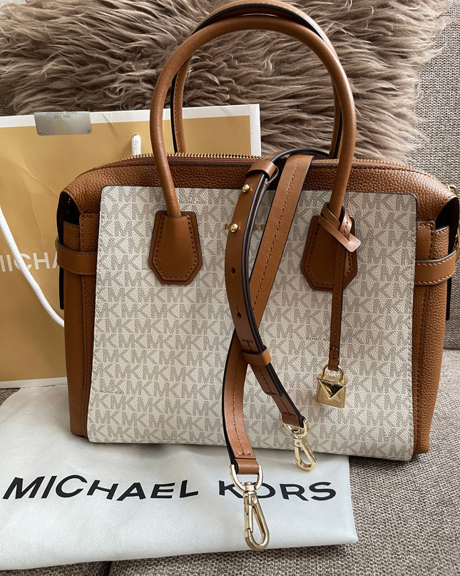 Preloved Authentic Michael Kors Mercer Tote Satchel – Vanilla Monogram Canvas with Brown Leather Trim