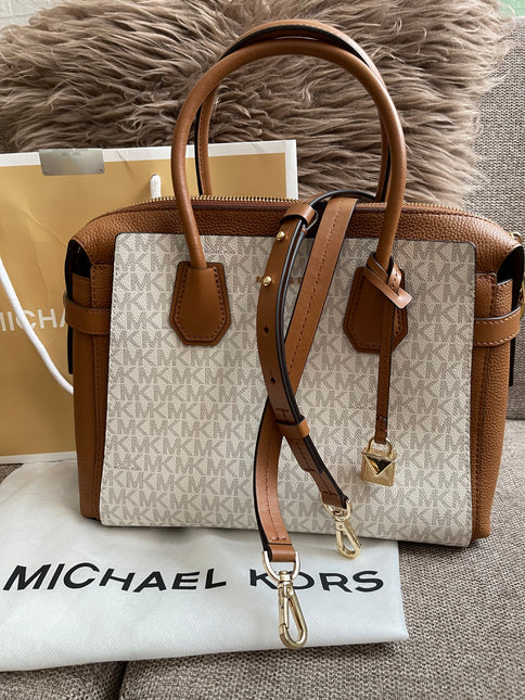 Preloved Authentic Michael Kors Mercer Tote Satchel – Vanilla Monogram Canvas with Brown Leather Trim