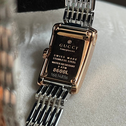 Preloved Authentic Gucci 8600L Ladies Watch — Two-Tone Rose Gold & Silver GG Dial