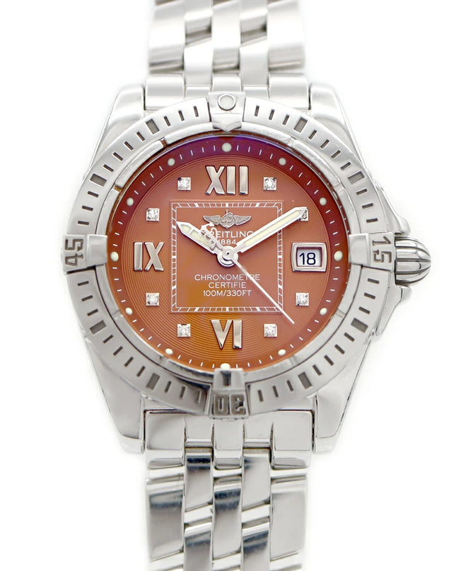 Preloved Authentic Rank A+ BREITLING Cockpit Lady A71356. Diamonds, 8 diamonds, date display, 100m water resistance, brown stainless steel, quartz movement