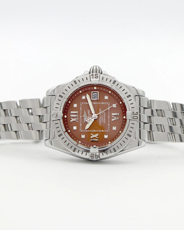 Preloved Authentic Rank A+ BREITLING Cockpit Lady A71356. Diamonds, 8 diamonds, date display, 100m water resistance, brown stainless steel, quartz movement