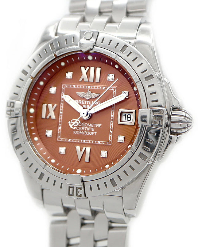 Preloved Authentic Rank A+ BREITLING Cockpit Lady A71356. Diamonds, 8 diamonds, date display, 100m water resistance, brown stainless steel, quartz movement