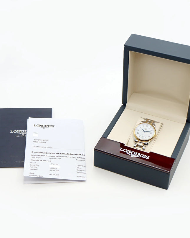 preloved Authentic rank A LONGINES Master Collection L2.628.5 Date, 30m Water Resistant, See-Through Back, White/Yellow Gold and Stainless Steel, Men's Automatic Watch