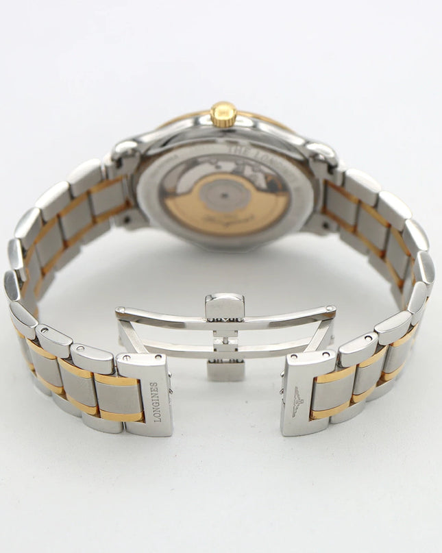 preloved Authentic rank A LONGINES Master Collection L2.628.5 Date, 30m Water Resistant, See-Through Back, White/Yellow Gold and Stainless Steel, Men's Automatic Watch