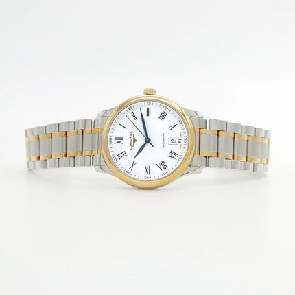 preloved Authentic rank A LONGINES Master Collection L2.628.5 Date, 30m Water Resistant, See-Through Back, White/Yellow Gold and Stainless Steel, Men's Automatic Watch