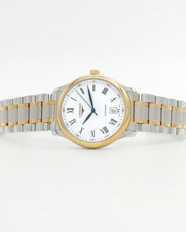 preloved Authentic rank A LONGINES Master Collection L2.628.5 Date, 30m Water Resistant, See-Through Back, White/Yellow Gold and Stainless Steel, Men's Automatic Watch