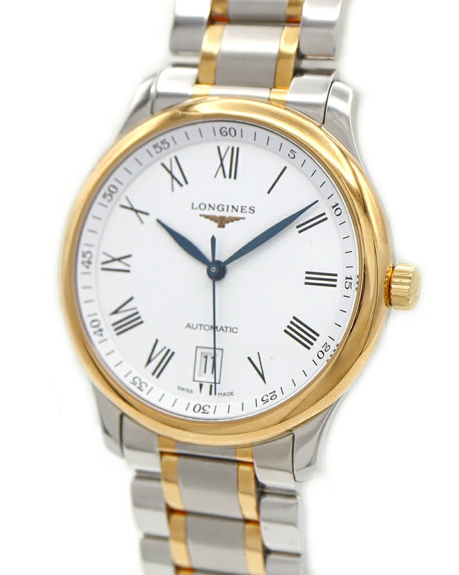 preloved Authentic rank A LONGINES Master Collection L2.628.5 Date, 30m Water Resistant, See-Through Back, White/Yellow Gold and Stainless Steel, Men's Automatic Watch