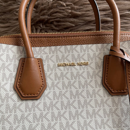 Preloved Authentic Michael Kors Mercer Tote Satchel – Vanilla Monogram Canvas with Brown Leather Trim