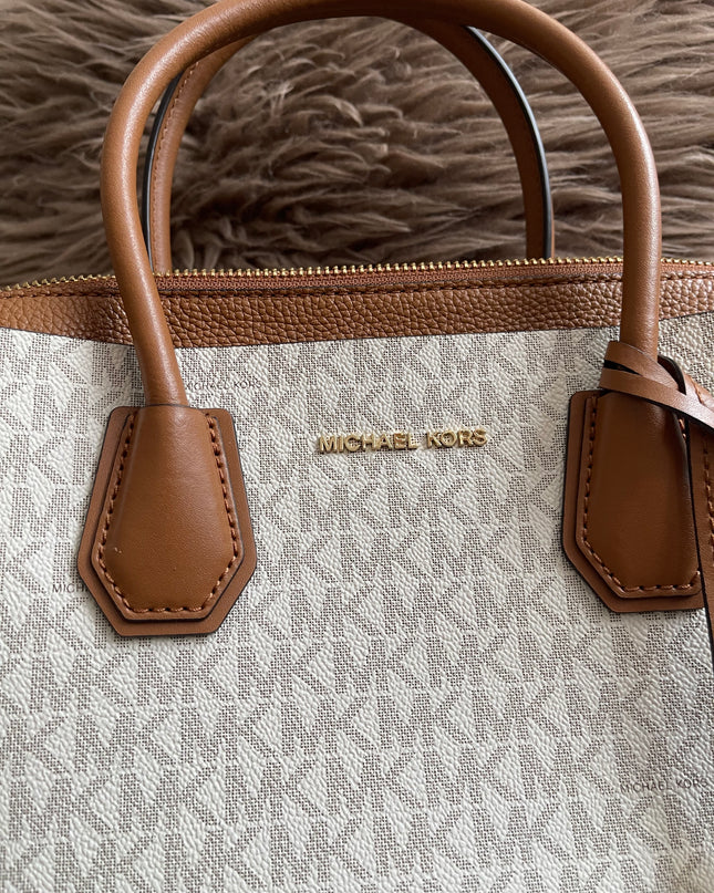 Preloved Authentic Michael Kors Mercer Tote Satchel – Vanilla Monogram Canvas with Brown Leather Trim