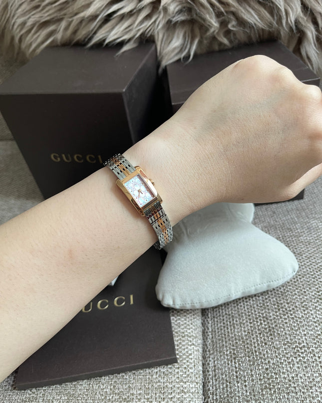Preloved Authentic Gucci 8600L Ladies Watch — Two-Tone Rose Gold & Silver GG Dial