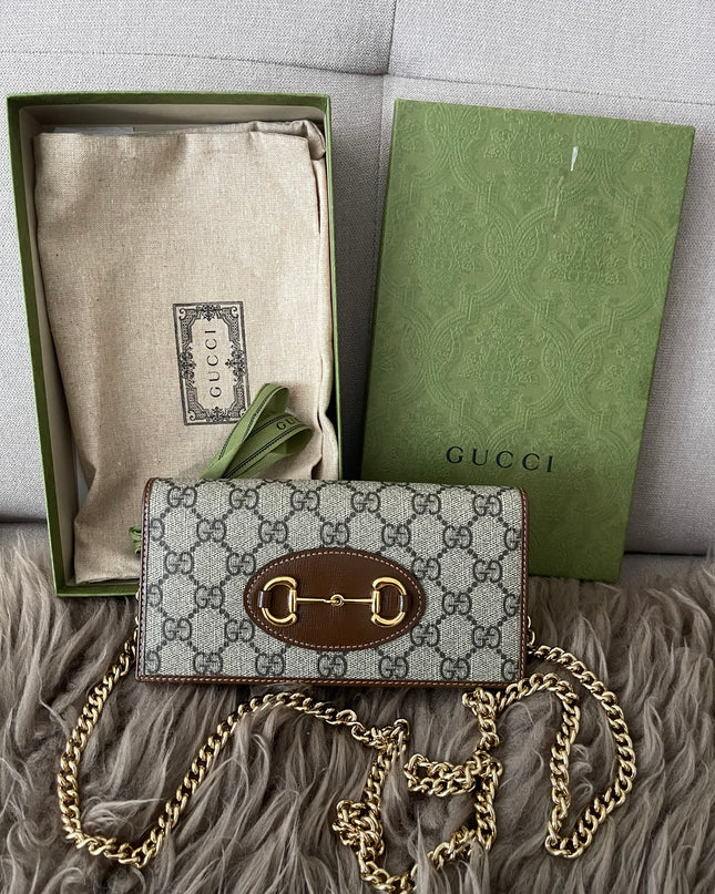 Preloved Authentic Gucci Horsebit 1955 Wallet with Chain in GG Supreme canvas