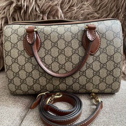 Peloved Authentic Gucci GG Supreme Duffle/Boston Mini – Tan Leather Trim with Strap