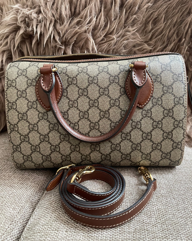 Peloved Authentic Gucci GG Supreme Duffle/Boston Mini – Tan Leather Trim with Strap
