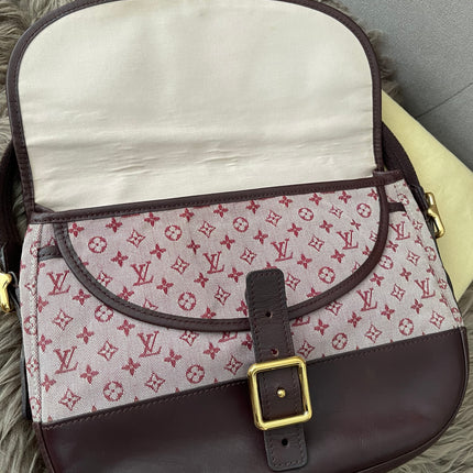 Preloved Authentic Louis Vuitton Monogram Mini Lin Marjorie shoulder bag in burgundy cloth with leather trim