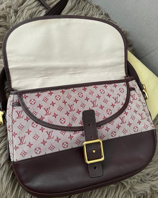 Preloved Authentic Louis Vuitton Monogram Mini Lin Marjorie shoulder bag in burgundy cloth with leather trim