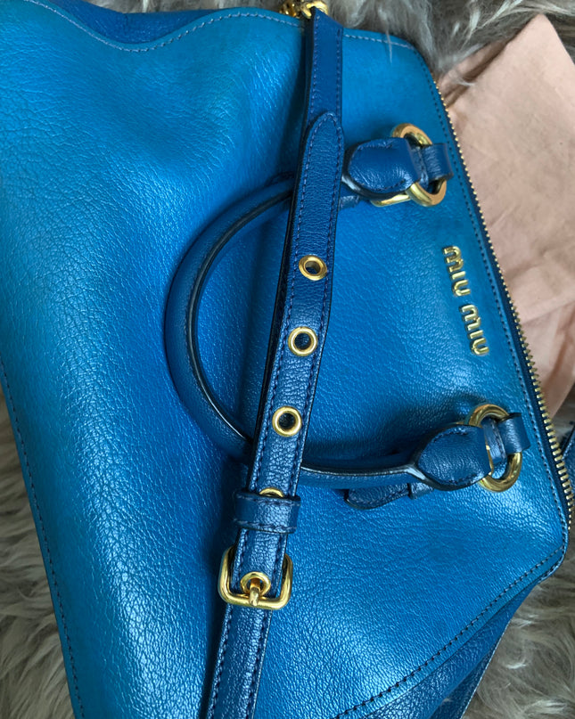 Miu Miu Two Tone Blue Madras Leather Doctor Satchel