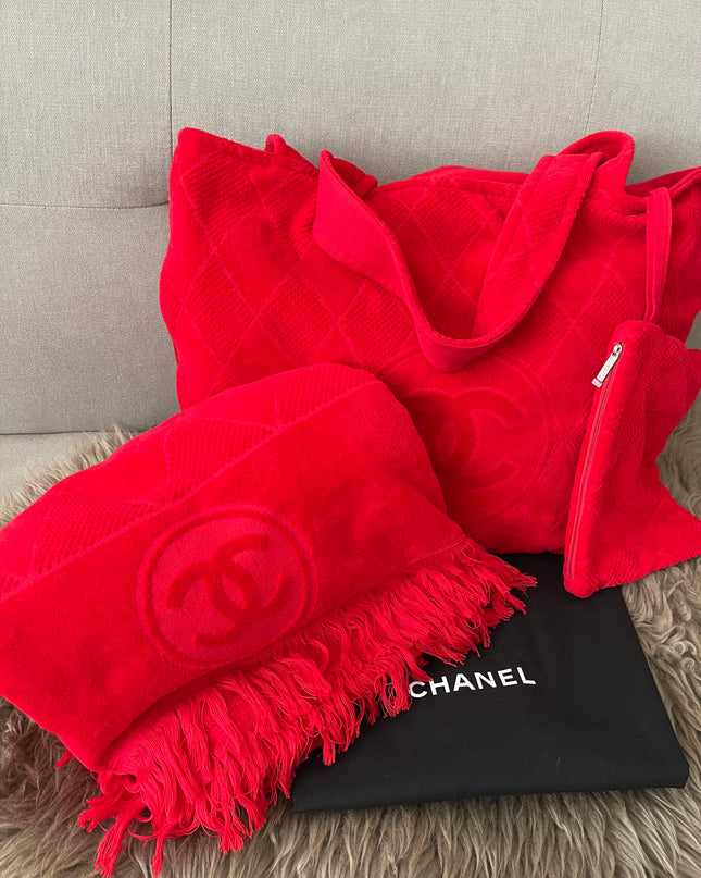 Preloved Authentic Chanel Red Terry Cloth Beach Bag and Towel Set