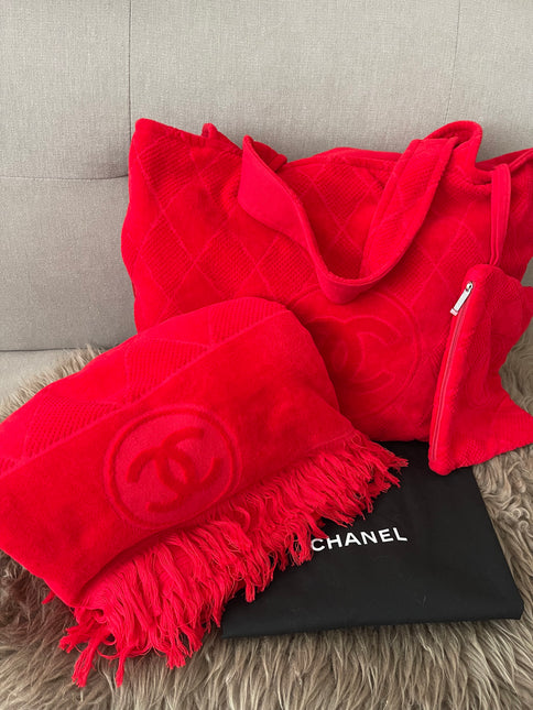 Preloved Authentic Chanel Red Terry Cloth Beach Bag and Towel Set