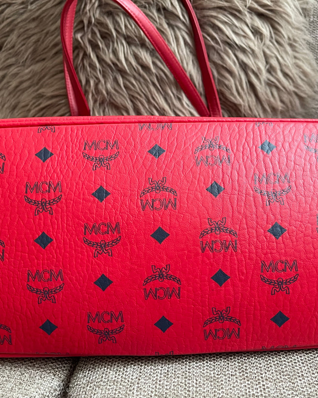 Preloved Authentic MCM Visetos Reversible Liz Shopper Tote – Ruby Red