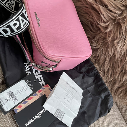 Peloved Authentic Karl Lagerfeld Paris Camera Bag – Pink Pebbled Leather, Logo Strap (Brand New)