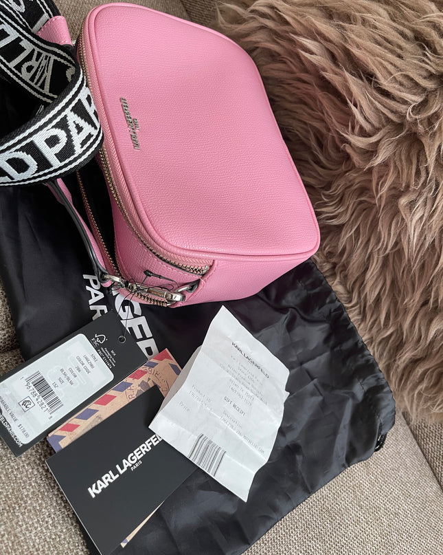 Peloved Authentic Karl Lagerfeld Paris Camera Bag – Pink Pebbled Leather, Logo Strap (Brand New)