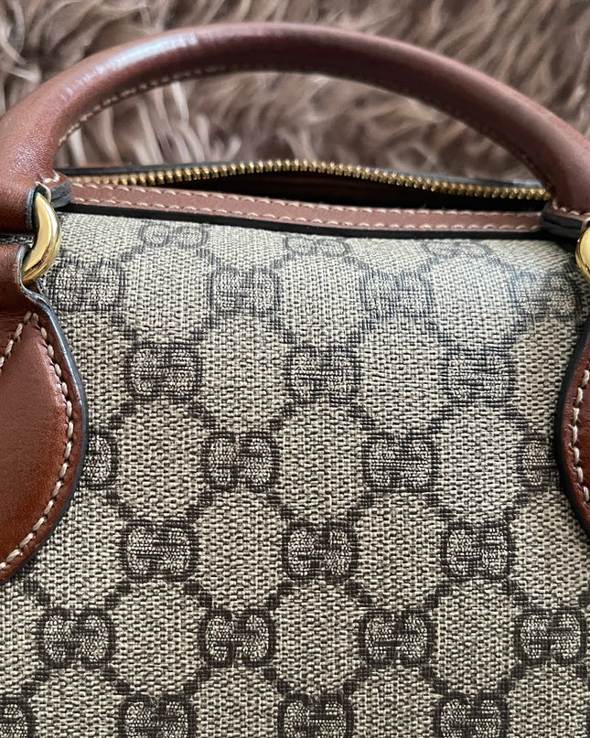 Peloved Authentic Gucci GG Supreme Duffle/Boston Mini – Tan Leather Trim with Strap