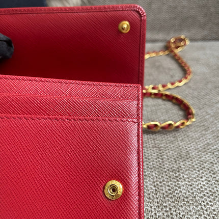 Preloved Authentic Prada Saffiano Metal Wallet on Chain in Fuoco Red