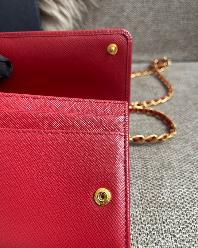 Preloved Authentic Prada Saffiano Metal Wallet on Chain in Fuoco Red