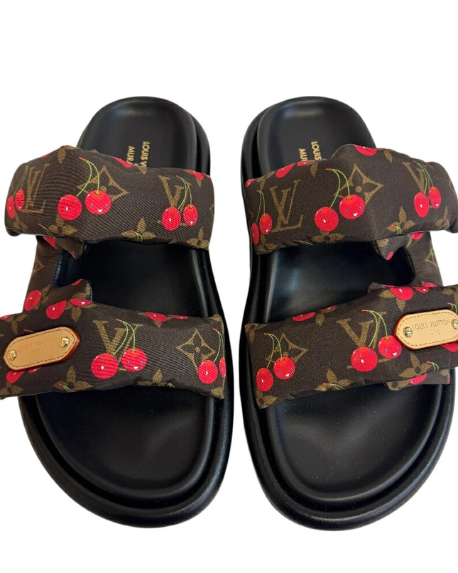 Preloved Authentic LOUIS VUITTON Louis Vuitton Pool Pillow, Takashi Murakami Monogram Cherry Mules, Black, Women's
