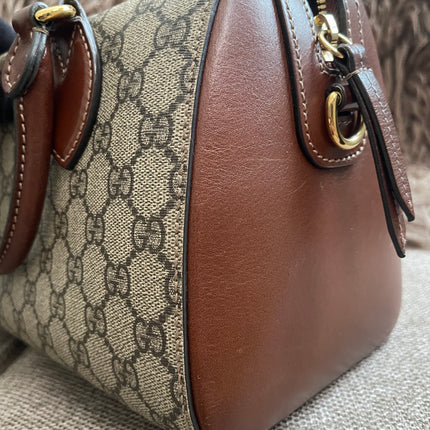 Peloved Authentic Gucci GG Supreme Duffle/Boston Mini – Tan Leather Trim with Strap