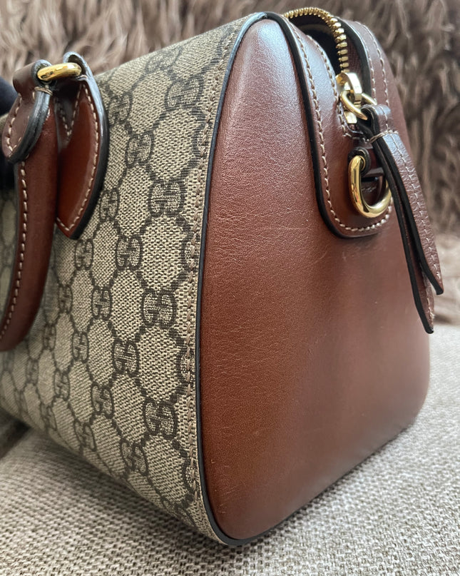 Peloved Authentic Gucci GG Supreme Duffle/Boston Mini – Tan Leather Trim with Strap