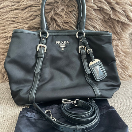 Preloved Authentic Prada Tessuto Nylon Tote Bag Black with Crossbody Strap