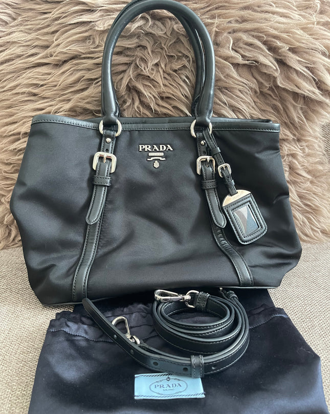 Preloved Authentic Prada Tessuto Nylon Tote Bag Black with Crossbody Strap