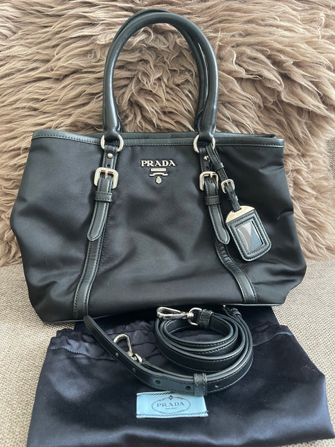Preloved Authentic Prada Tessuto Nylon Tote Bag Black with Crossbody Strap
