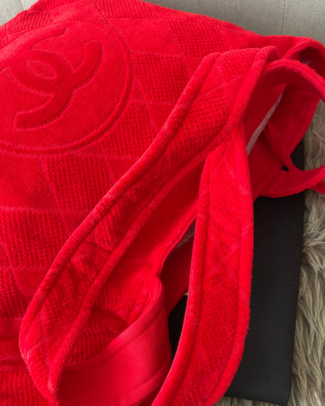 Preloved Authentic Chanel Red Terry Cloth Beach Bag and Towel Set