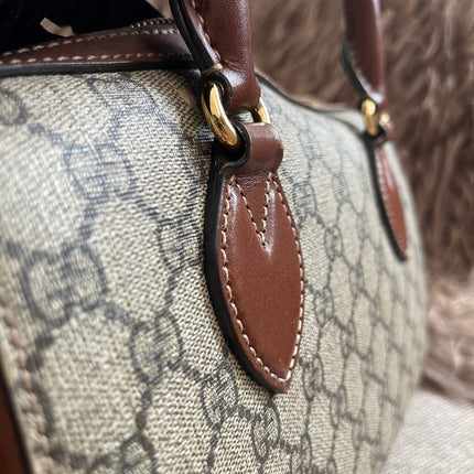 Peloved Authentic Gucci GG Supreme Duffle/Boston Mini – Tan Leather Trim with Strap